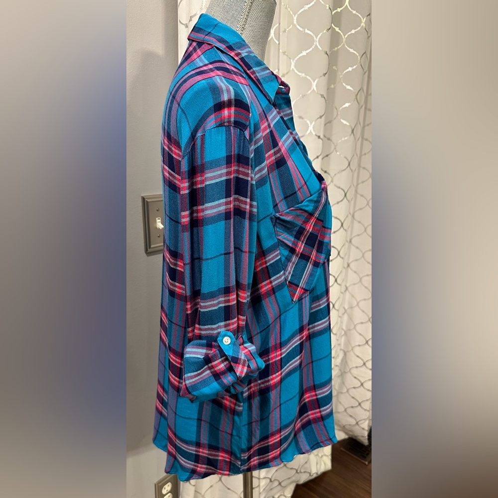 Express plaid vibrant blue flannel look roll tab sleeves wear up / down medium - Picture 3 of 6